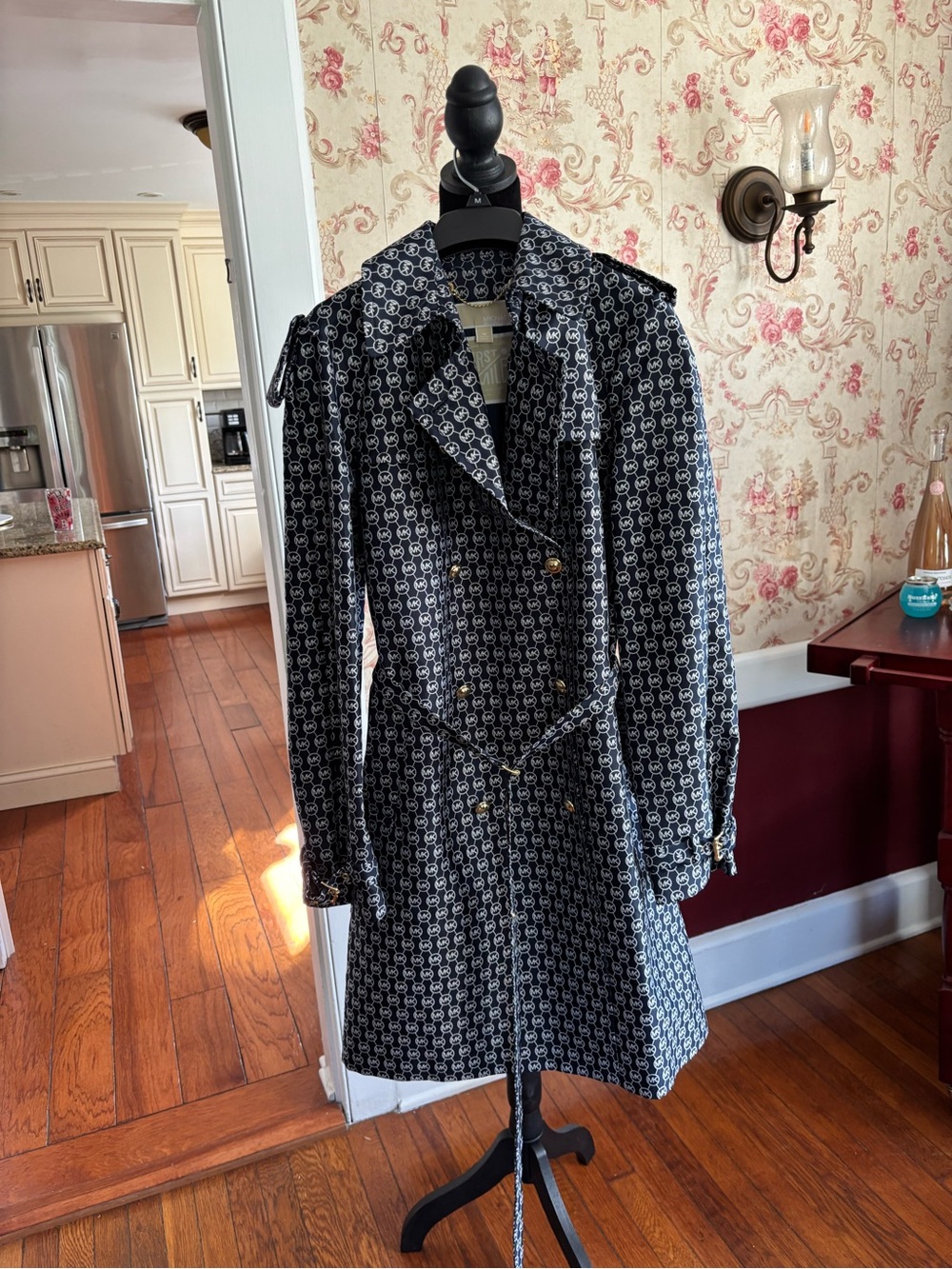 Michael Kors Navy & White Patterned Trench Coat with Gold Buttons